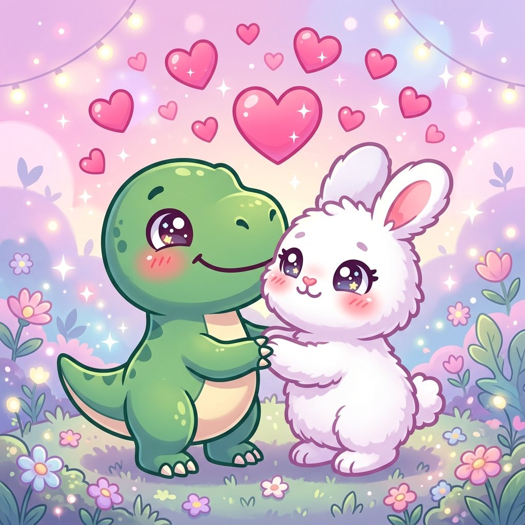 Cartoon Dino and White Rabbit in Love